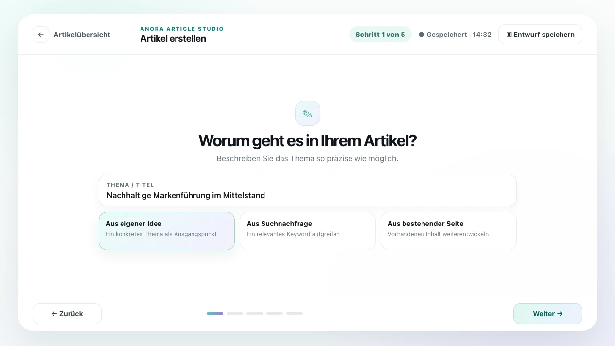 Article Studio: Thema und Titel des Artikels festlegen