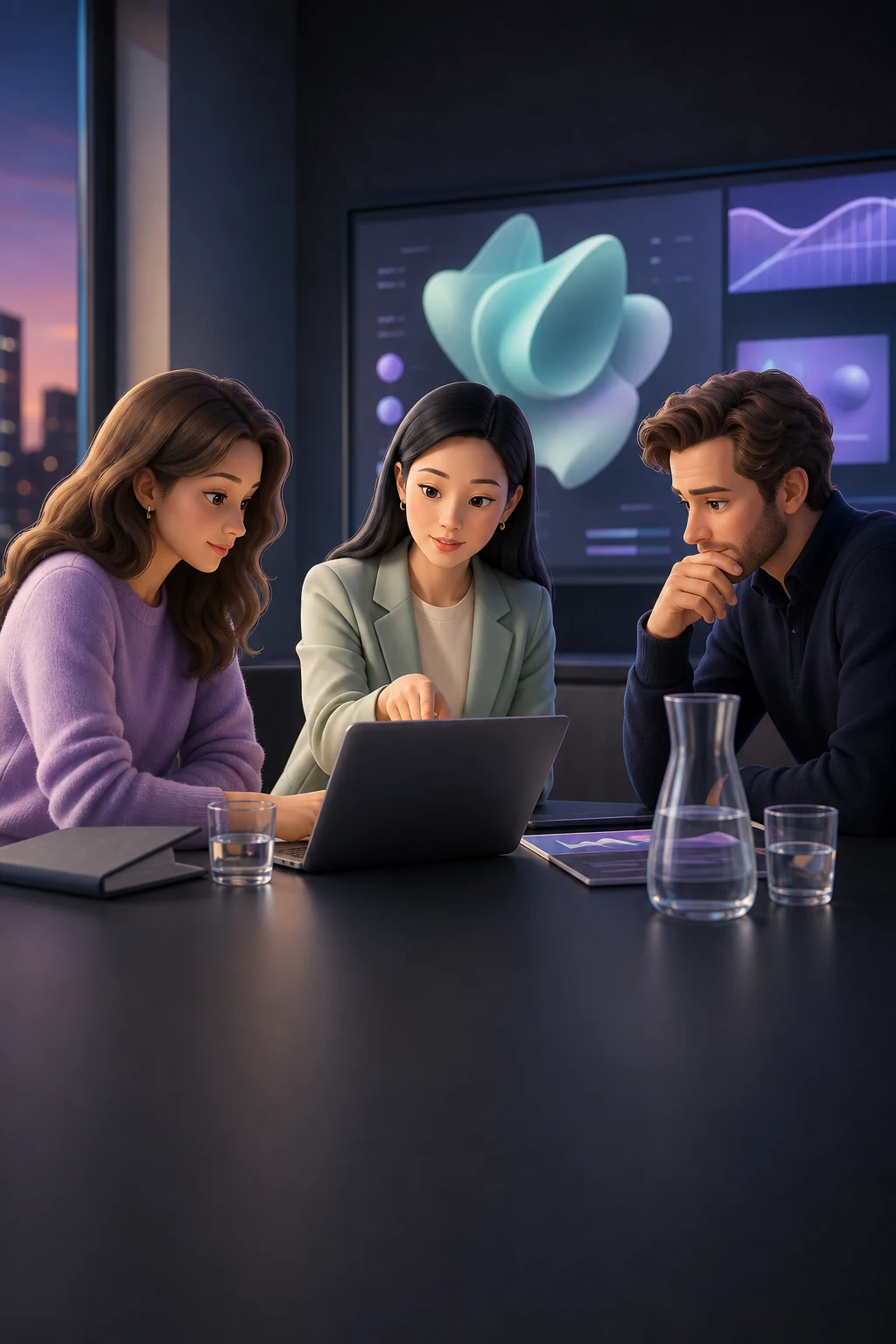 Drei Unternehmensverantwortliche analysieren gemeinsam Marketingdaten