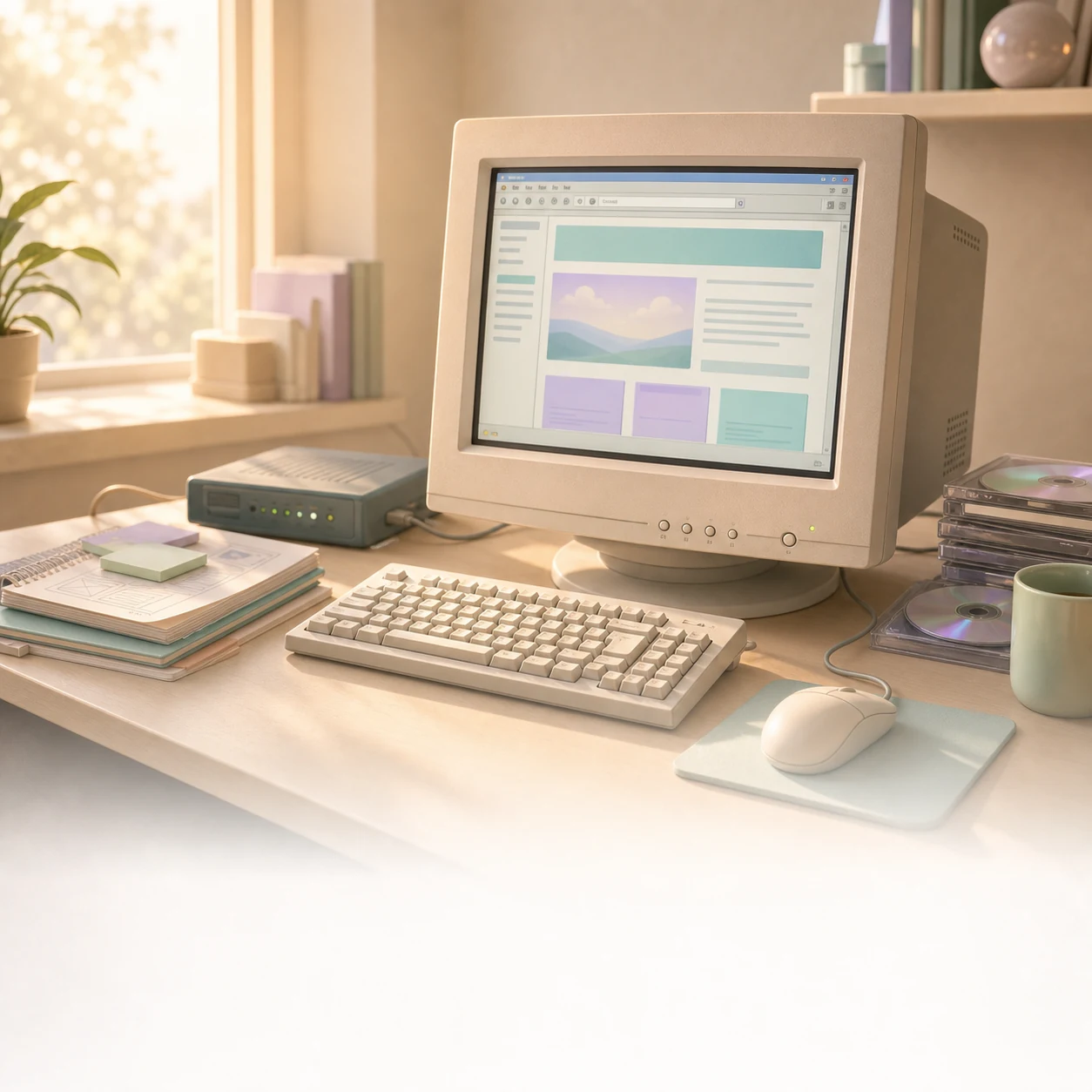 Illustration eines frühen Web-Arbeitsplatzes mit Röhrenmonitor aus den 2000er-Jahren