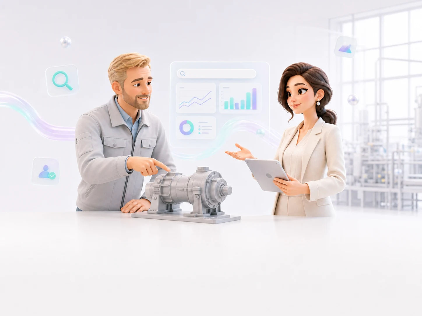 ANORA mit einem blonden Ingenieur in einem technischen Mittelstandsunternehmen