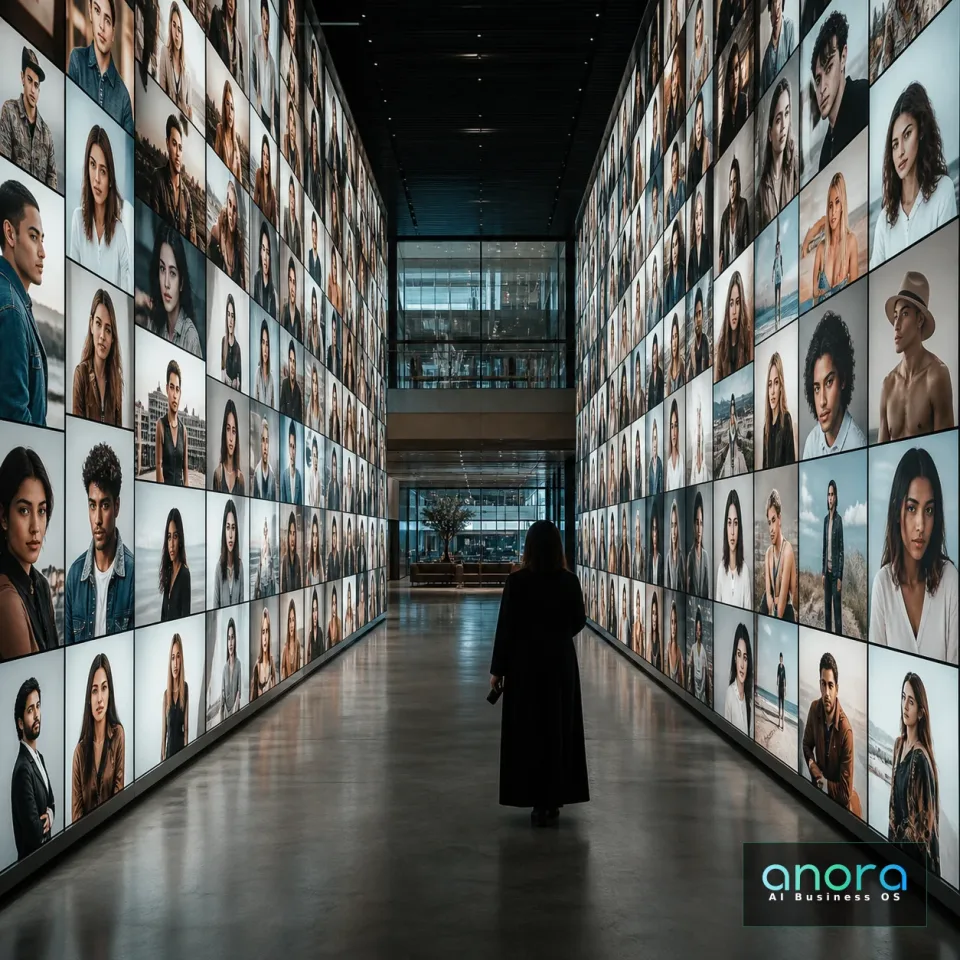 Eine Person steht vor einer endlosen Galerie synthetischer Porträts.