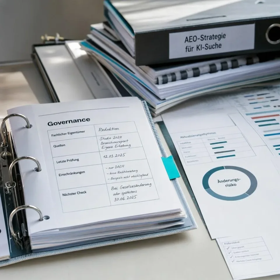 Editoriales Begleitmotiv zum Abschnitt „Governance für veröffentlichte Antworten“ im Beitrag „AEO-Maßnahmen für KI-Suche: Strategie statt Hacks“.